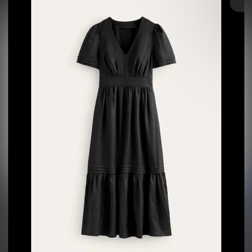 Boden Black Maxi Dress with V-Neck and Puff Sleeves